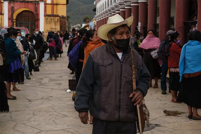 People line up in Chiapas, Mexico, to receive remittances from the U.S.