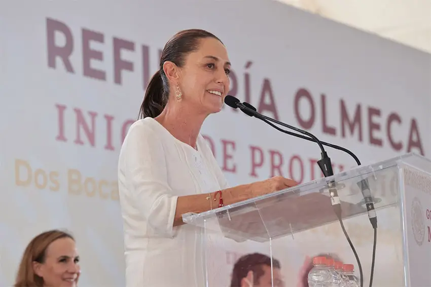 Claudia Sheinbaum speaks at a podium