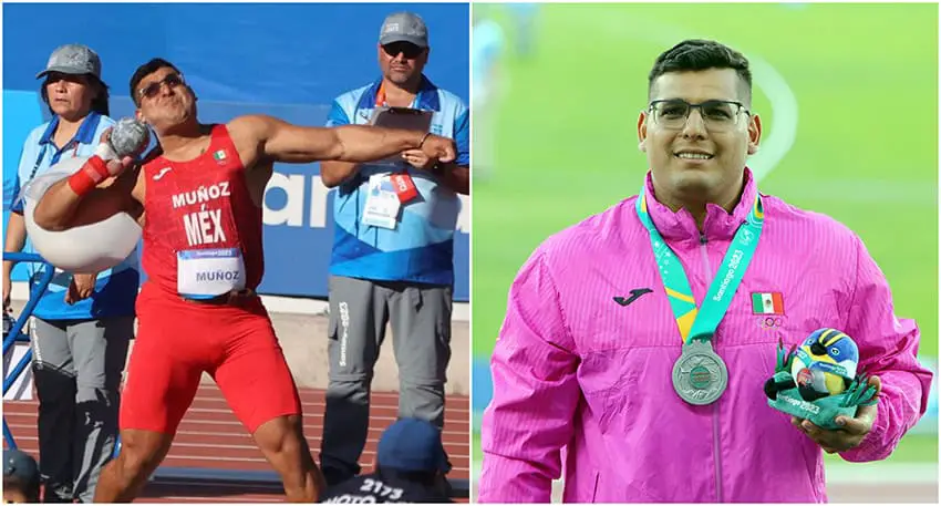 El atleta olímpico Uziel Muñoz de México lanza una pelota de lanzamiento de peso.