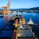 aerial view of a container ship entering the port of Manzanillo, Colima