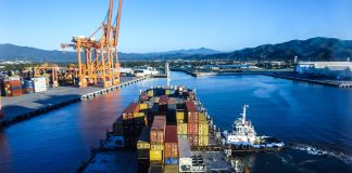 aerial view of a container ship entering the port of Manzanillo, Colima