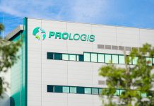 Facade of white office building bearing Prologis logo and name