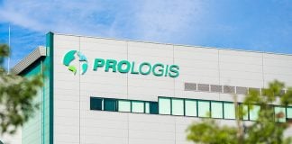 Facade of white office building bearing Prologis logo and name