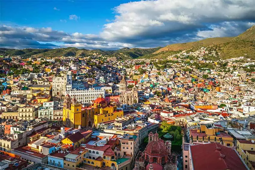 Aerial view of the colorful historic buildings of the city of Guanajuato