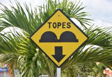 Warning sign for topes in front of a palm tree