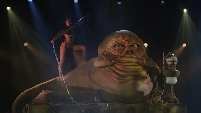 Princess Leia and Jabba the Hutt in "The Empire Strips Back"