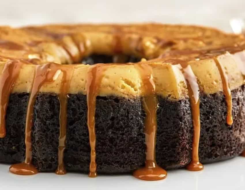 Side view of a chocoflan cake made with a chocoflan recipe.