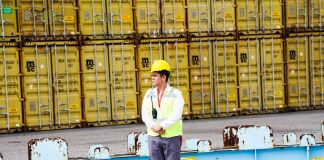 A dock worker supervises as shipping containers are moved in Lázaro Cárdenas