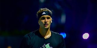German tennis player Alexander Zverev at the 2024 Mexican Tennis Open, facing the camera during a match.