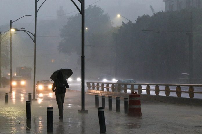 Resident of Mexico City walking with an umbrella near a highway in heavy rains and fog.