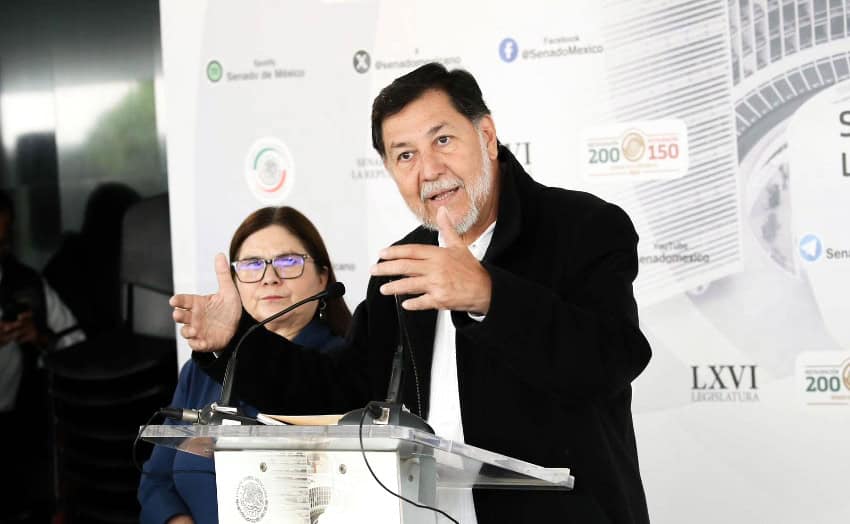 Gerardo Fernández Noroña speaks at a podium