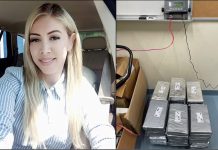 Split screen photos of Denisse Ahumada inside a car and of covered bricks of cocaine in a US Border Patrol facility.