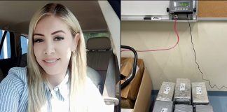 Split screen photos of Denisse Ahumada inside a car and of covered bricks of cocaine in a US Border Patrol facility.