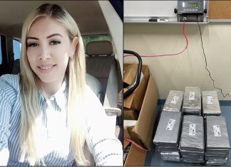 Split screen photos of Denisse Ahumada inside a car and of covered bricks of cocaine in a US Border Patrol facility.