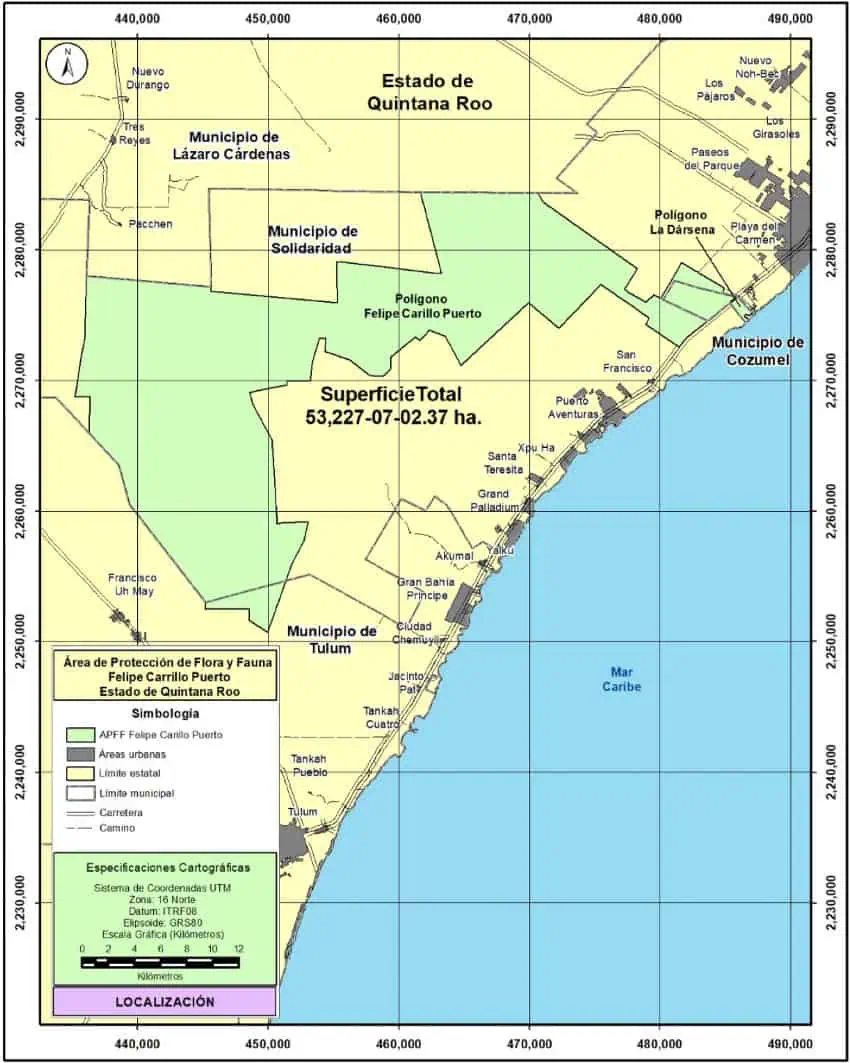 Mapa del Área Natural Protegida Felipe Carrillo Puerto