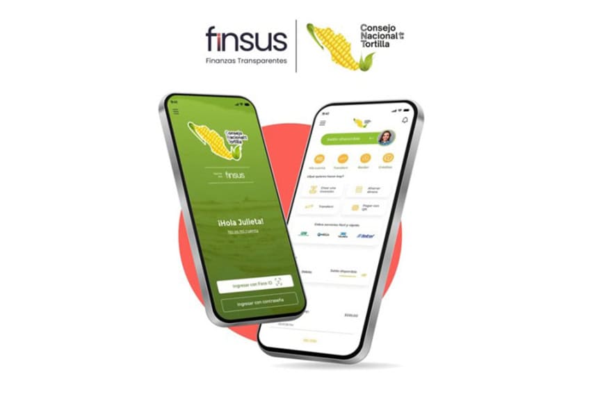 Graphic of Finsus' banking app showing two cell phone screens with images from the CNT and Finsus app