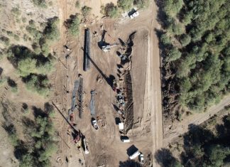 Aerial shot of cranes and other construction equipment