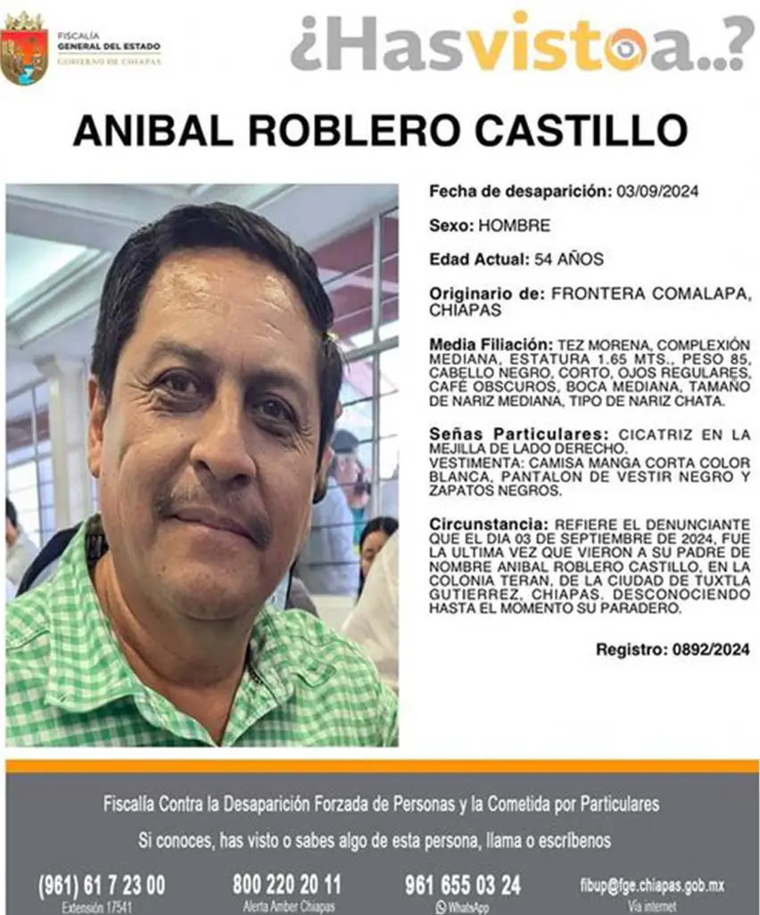 Missing persons poster of Anibal Roblero Castillo in Spanish, with his name in the top center, a photo of Roblero on the left, a list of his physical characteristics on the right, and the telephone numbers of authorities in a gray border at the bottom.