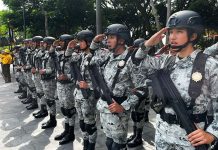 Horizontal line of Mexico's national guard members in uniform and holding guns, saluting ceremonially