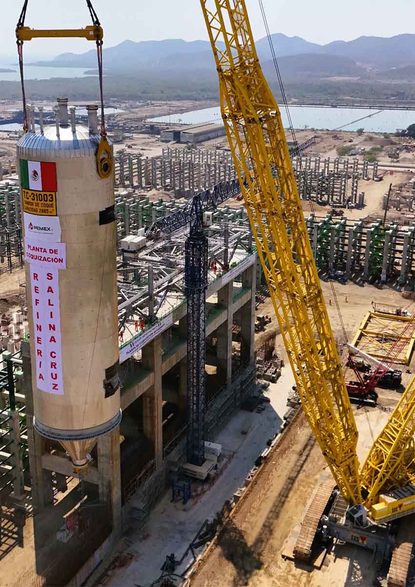 Crane hanging over a coking plant under construction at a Pemex refinery in Salina Cruz, Oaxaca