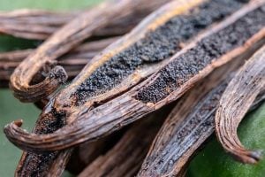 Close up of vanilla bean pods. Vanilla is one ingredient in this chocoflan recipe.
