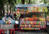 A Mexican woman stands behind a vendor stand. In front of her is a metal tub with bottled drinks and beside her a stand packed with packages of chips and plastic containers of chopped fruit for sale