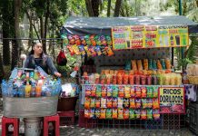 A Mexican woman stands behind a vendor stand. In front of her is a metal tub with bottled drinks and beside her a stand packed with packages of chips and plastic containers of chopped fruit for sale