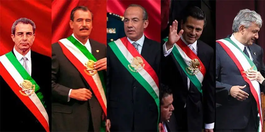 Photos of five former Mexican presidents wearing the presidential sash at their respective inaugurations