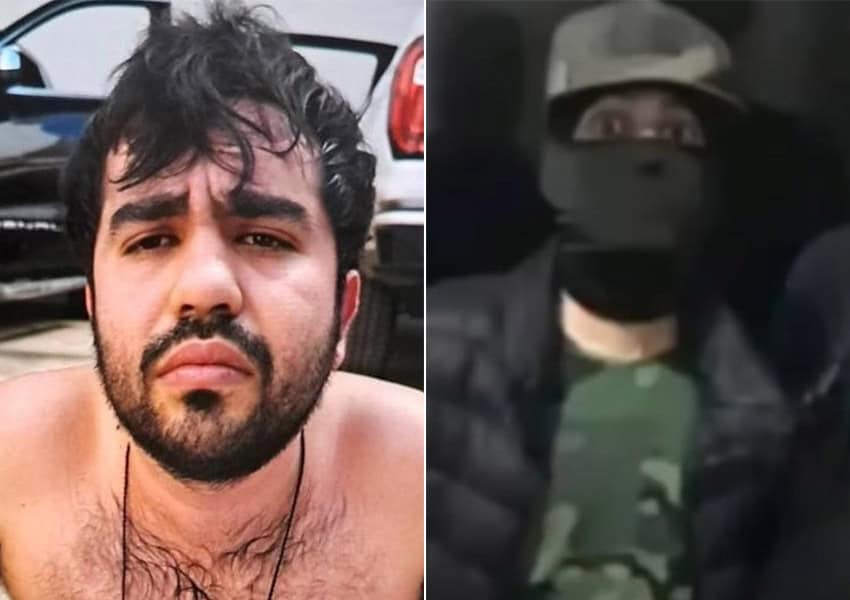 Two photos of El Piyi: one frowning and shirtless from his arrest and another wearing balaclava and camo print shirt