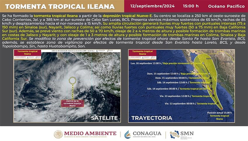 Alerta de Conagua que muestra la posición actual y trayectoria prevista de la tormenta tropical Ileana.