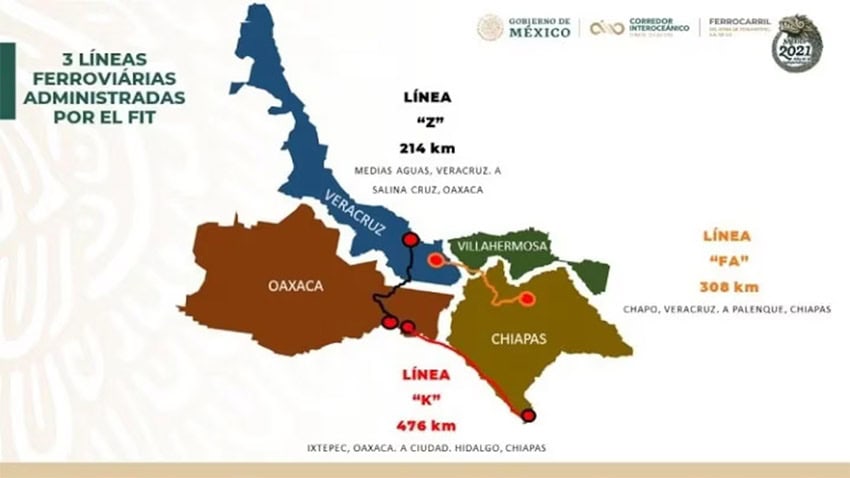 A map showing the three lines of the Interoceanic Train in Mexico's Isthmus of Tehuantepec region.