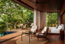 A hotel room opens into a balcony with a pool, just under the canopy of a rainforest.