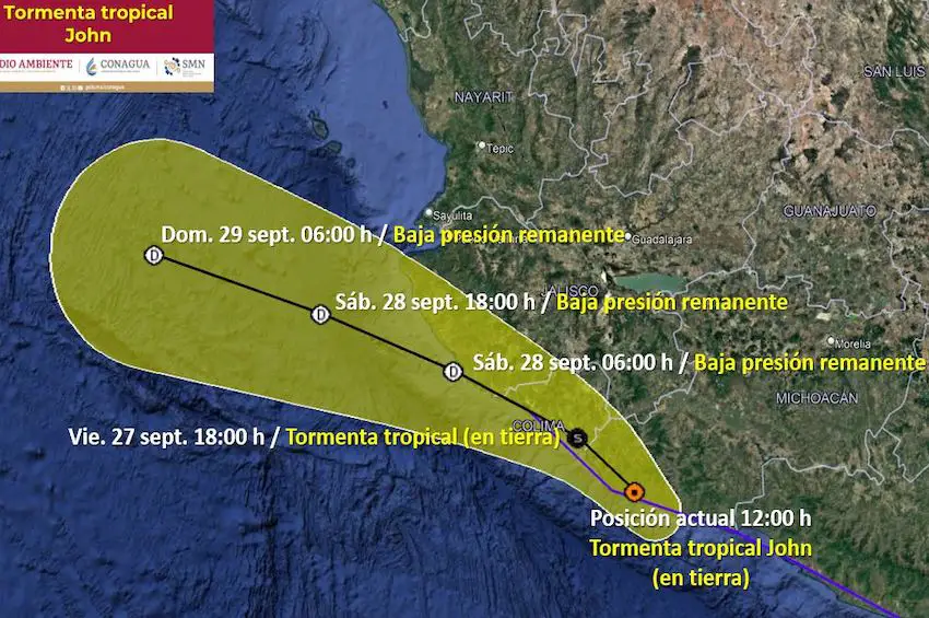 Tropical Storm John is forecast to reach Manzanillo, Colima, this evening. 