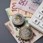 Mexican peso bills, coins and a calculator