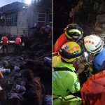 Two photos showing rescuers at work moving rubble and helping an injured person after the mudslide in México state.