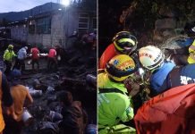 Two photos showing rescuers at work moving rubble and helping an injured person after the mudslide in México state.