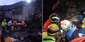 Two photos showing rescuers at work moving rubble and helping an injured person after the mudslide in México state.