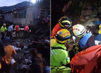 Two photos showing rescuers at work moving rubble and helping an injured person after the mudslide in México state.