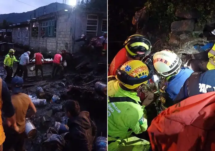 Two photos showing rescuers at work moving rubble and helping an injured person after the mudslide in México state.