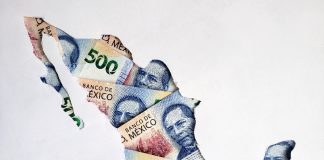 Map of Mexico formed with Mexican peso bank notes