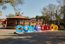 Monumental letters spelling "Coyoacán" in the neighborhood's central plaza. Coyoacán guide.