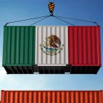 Illustration of shipping container painted with image of Mexican flag being lifted in the air by a crane, representing nearshoring in Mexico