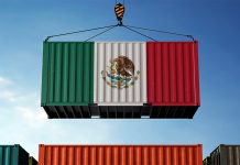 Illustration of shipping container painted with image of Mexican flag being lifted in the air by a crane, representing nearshoring in Mexico