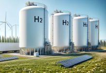 A rendered image of the concept of a hydrogen plant, with four silos saying H2 on them, surrounded by windmills and solar panels