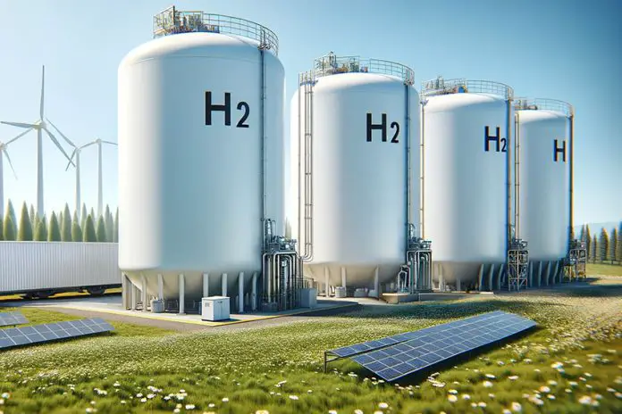 A rendered image of the concept of a hydrogen plant, with four silos saying H2 on them, surrounded by windmills and solar panels