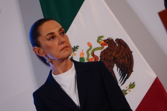 President Sheinbaum stands in front of a Mexican flag at her morning press conference