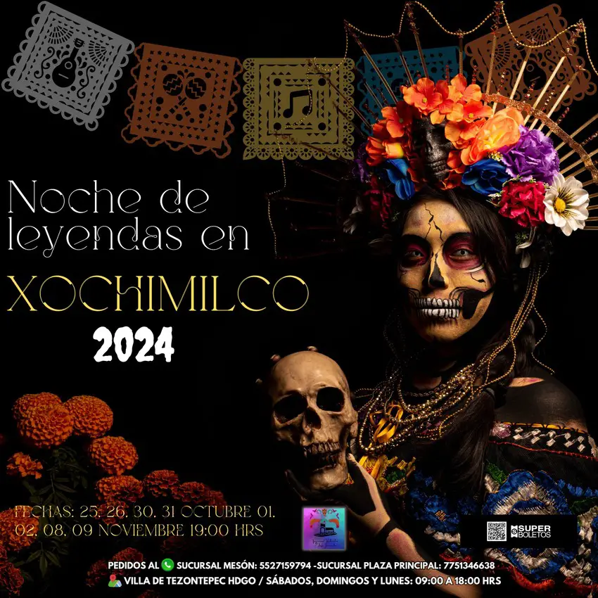 Anuncio de la Noche de Trajineras Xochimilco, una Catrina sostiene una calavera