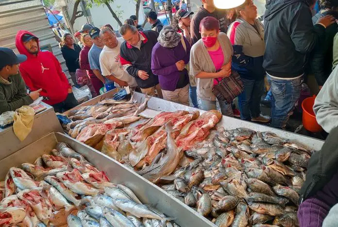 People buying fish at a market