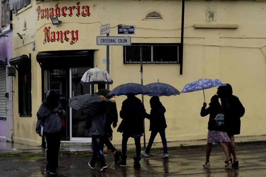 View of the back of people with umbrellas crossing a wet street in Tijuana Mexico.