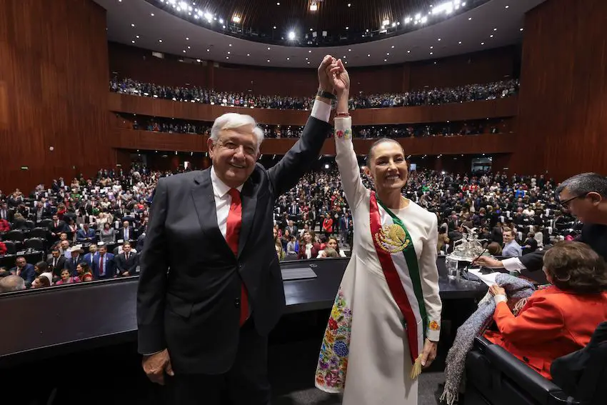 López Obrador with Sheinbaum at her inauguration ceremony as president.